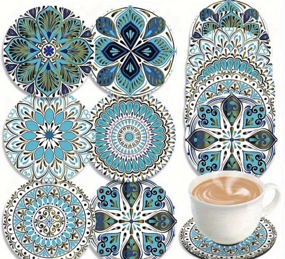 Six Piece Mandala Acrylic Teal Design Coaster Set 4 Inch New